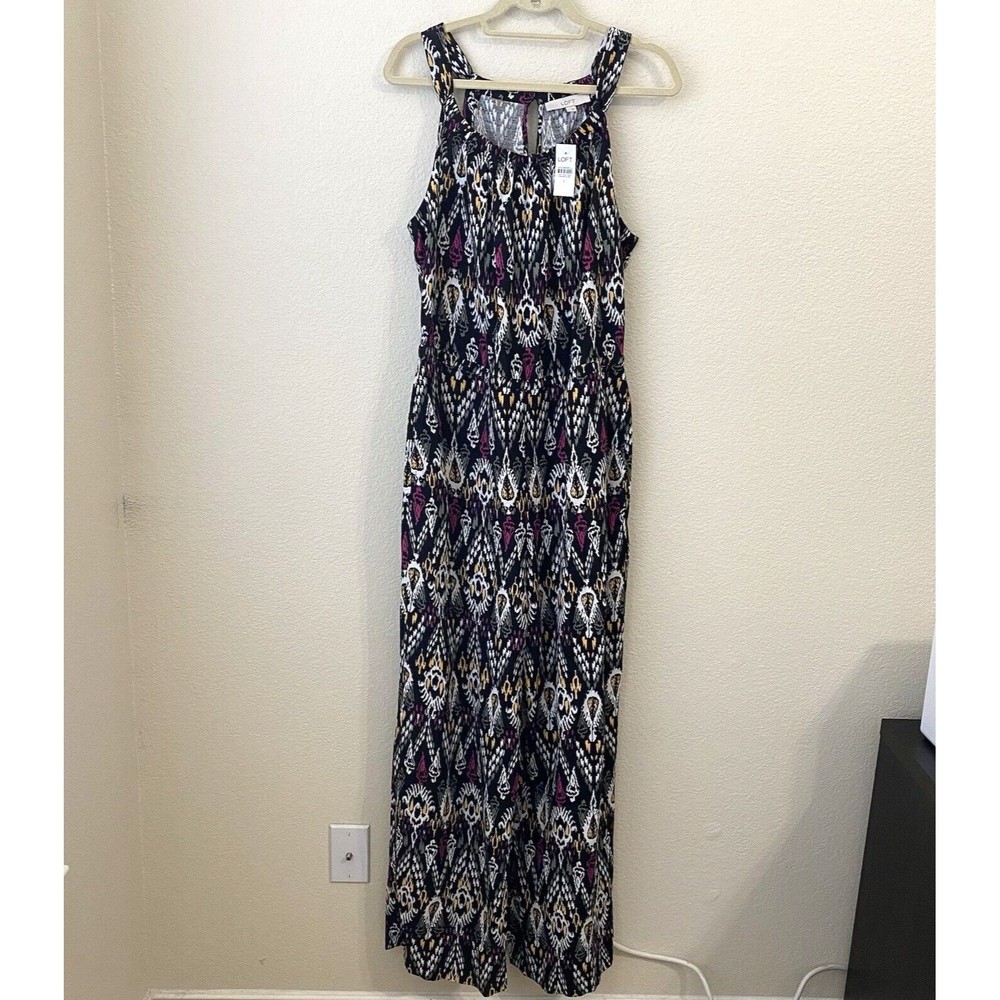 Ann Taylor Loft Jumpsuit Womens Large Black Ikat Belted Scoop Neck New
